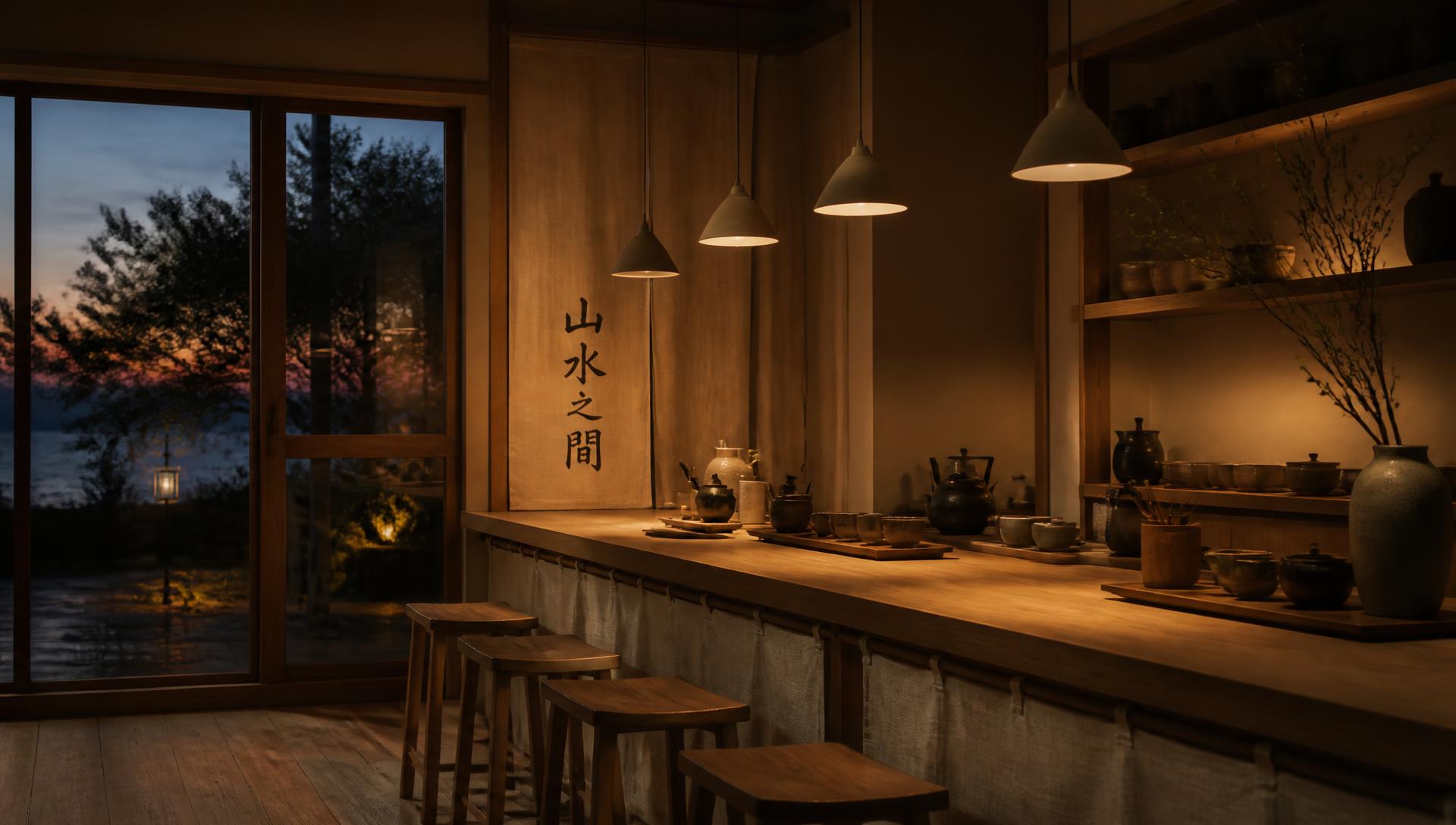 Warm wooden tea house counter at dusk