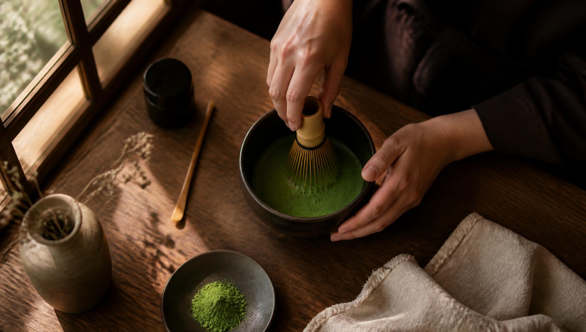 Close-up of matcha powder and tea tools